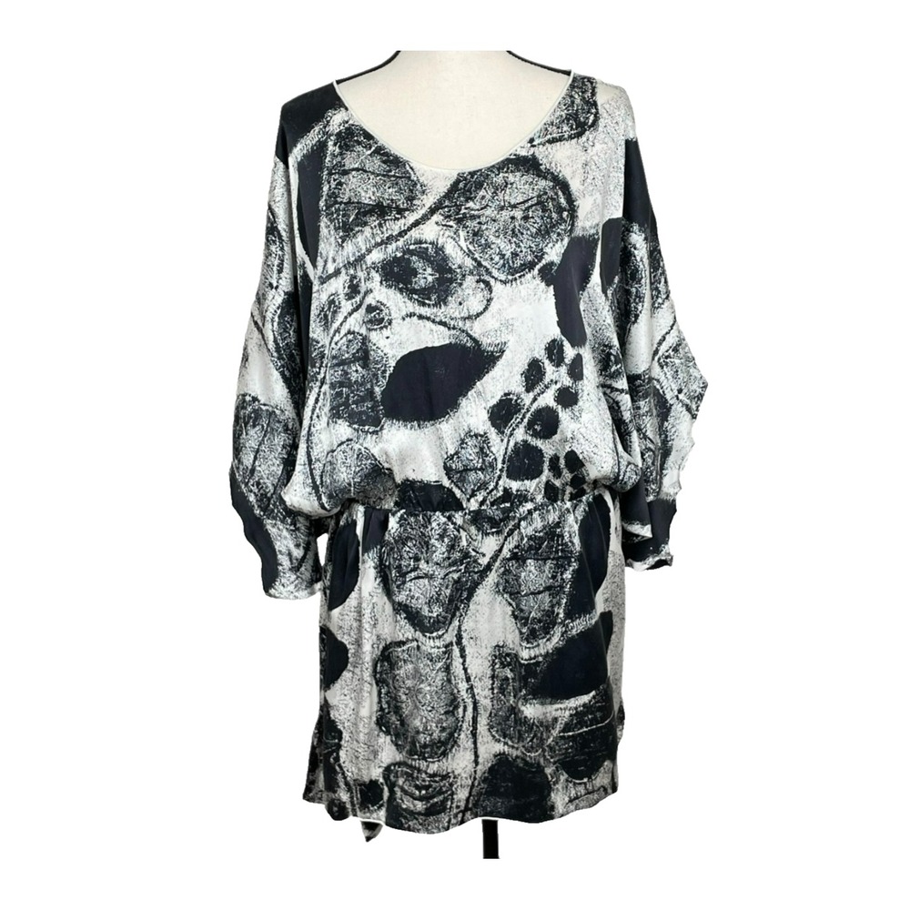 My Tribe Abstract Monochrome Silk Tunic Dress Womens L Artsy Modern Minimalist